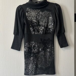 Elegant Grey, Silver, and Black Patterned Sweater